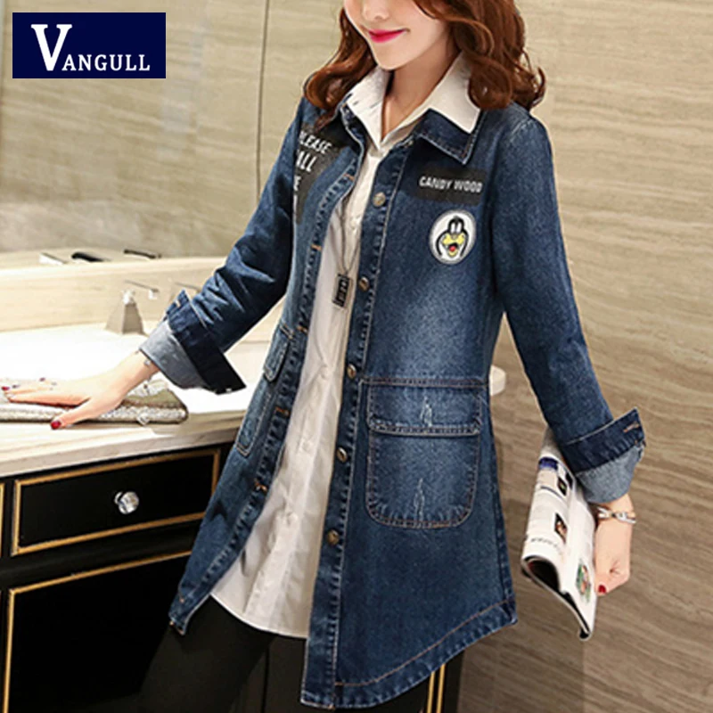 Vangull Women Denim Jackets Autumn New Casual Long Sleeve Female Letter Print Jean Coat Single Breasted Plus Size Loose Tops