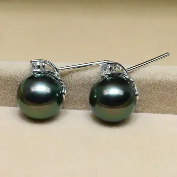 

free shipping CHARMING 9-10MM TAHITIAN BLACK GREEN PEARL EARRING 14K