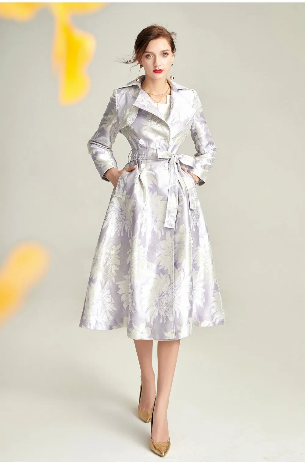 Высококачественный Тренч, элегантное женское двубортное жаккардовое пальто с отворотом, темперамент, качественное пальто C1932