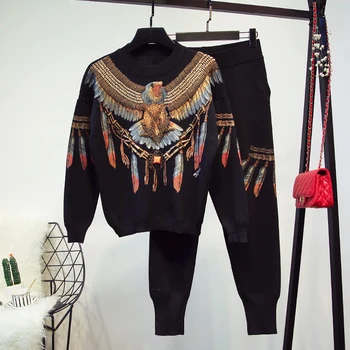 

2018 Autumn Winter Fashion Women's Retro Eagle Printing Sweater + Knitted Pants Two Piece Female Casual Knitting Trousers Set