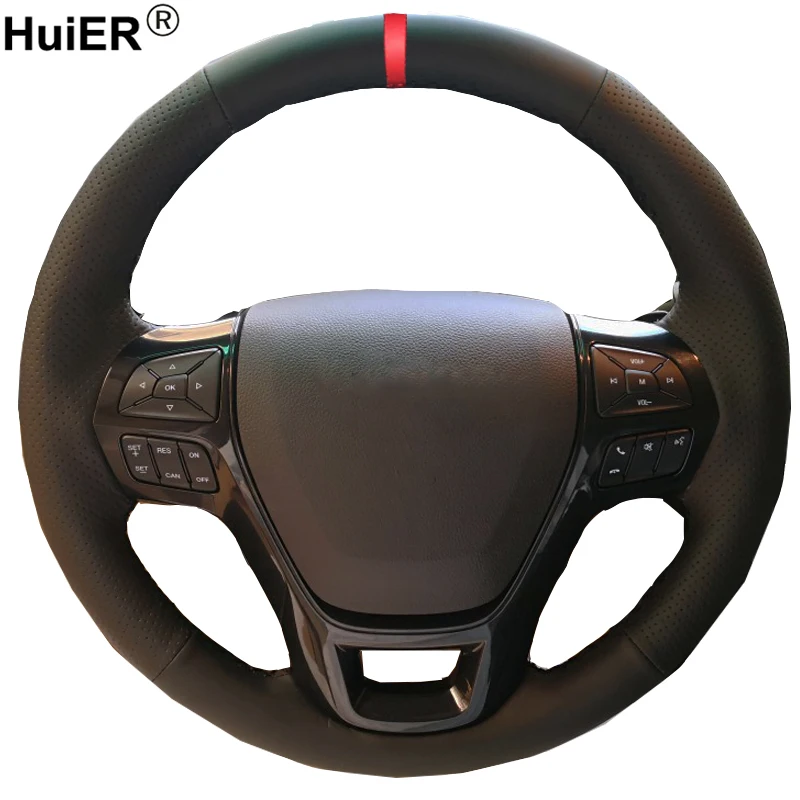 

HuiER Hand Sewing Car Steering Wheel Cover Breathable Car Styling Red Marker For Ford Explorer 2016-2018 Auto Car Protector