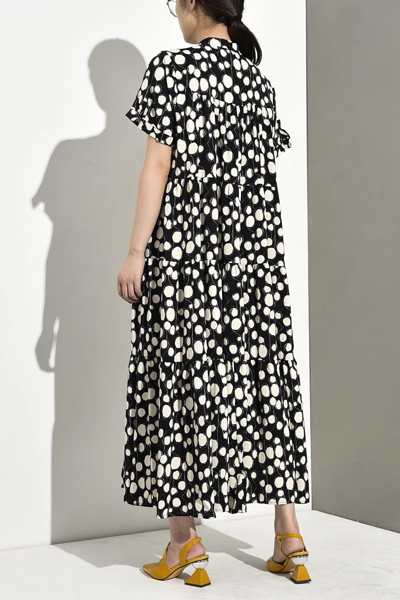 [EAM] Новое весенне-летнее сатиновое платье с коротким рукавом и принтом, Свободное длинное платье большого размера, Женская мода JY266