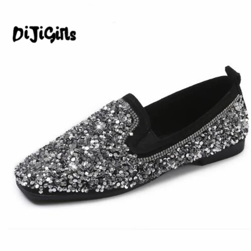 

2018 New Flats Solid Sequined Cloth Slip On Loafers Casual Crystal Summer Women Creepers Fla Shoes Size 35-40