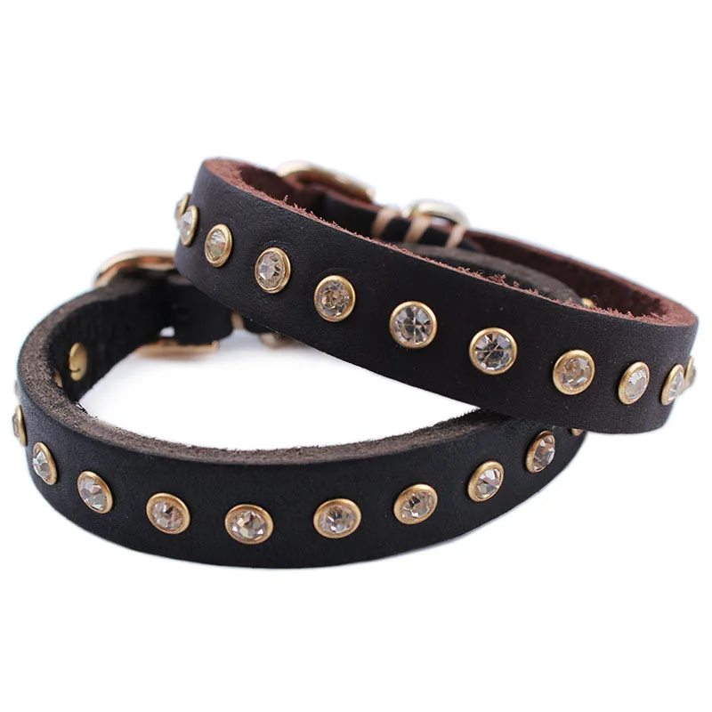 SYDZSW Small Dog Collar Genuine Leather Puppy Pet Collar Leads for Cats Yorkie Dogs Fashion One Row Diamond Chihuahua Collar2