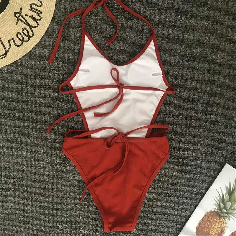 Online 2019 neue Halter One Piece Bademode Tanga Badeanzug Badeanzug Frauen Sexy Solide Tiefem V Badeanzug Monokini Maillot De Bain 3498