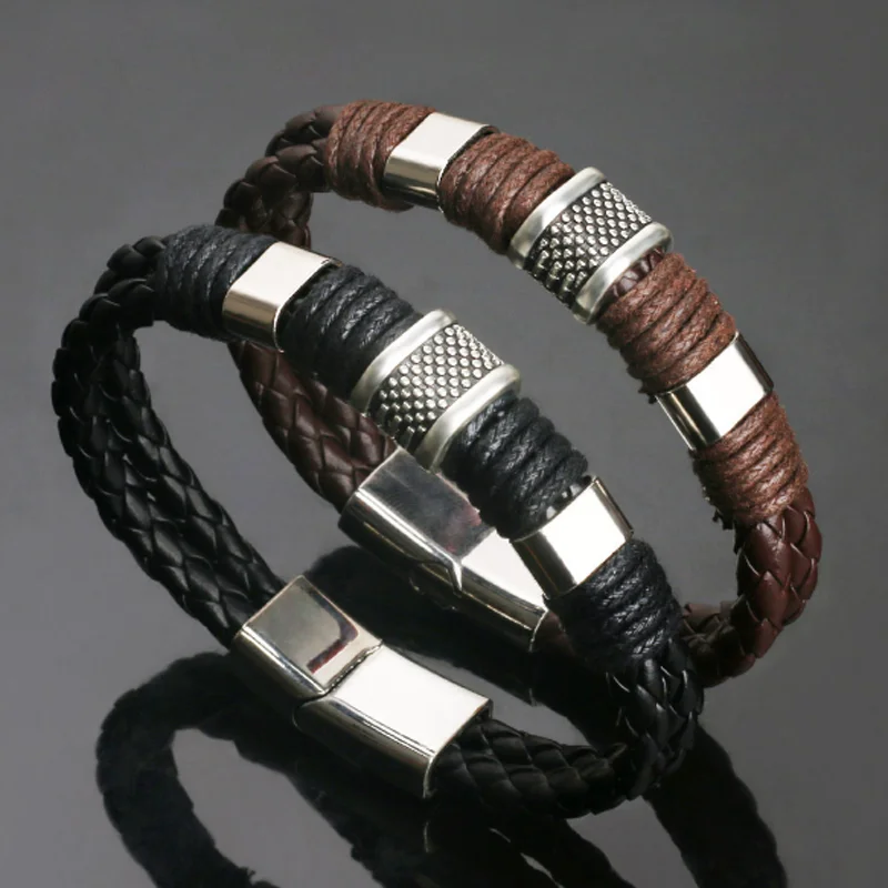

Fashion Leather Bracelet Titanium Stainless Steel Men Woven Bangle Multilayer Braid Buckle Bangle for Male Jewelry Gift