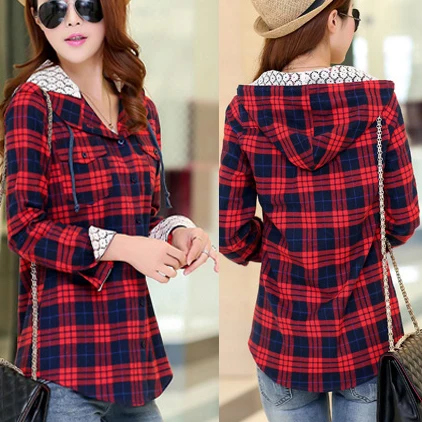 checked hooded shirt women's