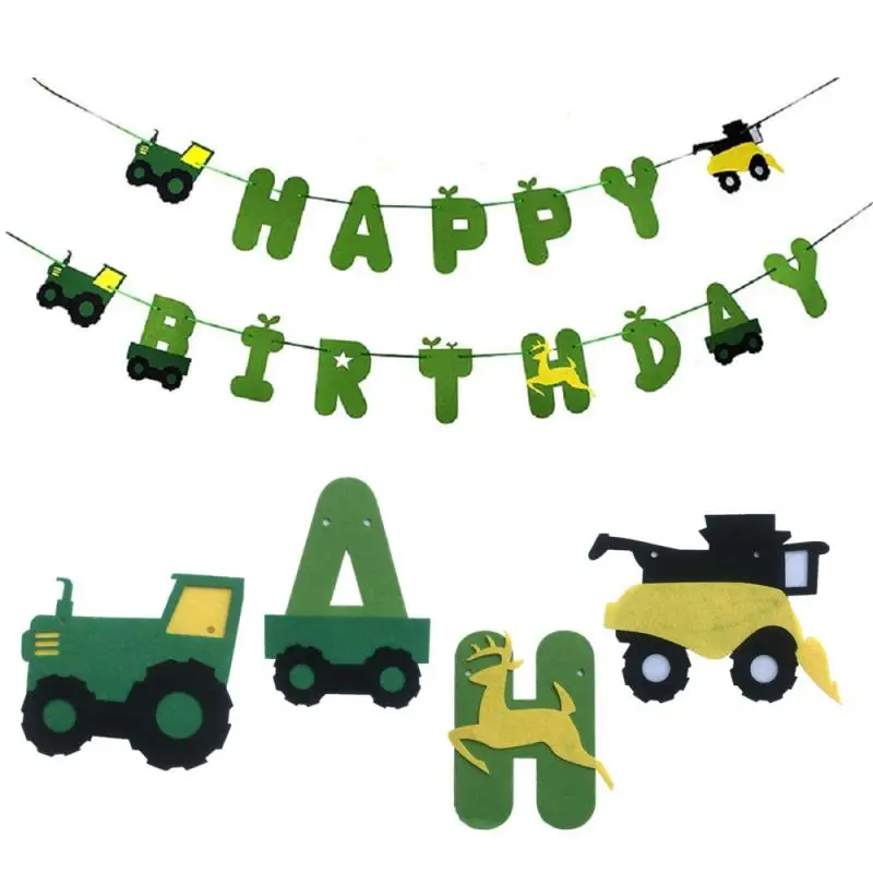 Felt Banner for Baby Shower or Birthday Party Decoration Green Tractor Happy Birthday Banner Kids Birthday Party Banner 