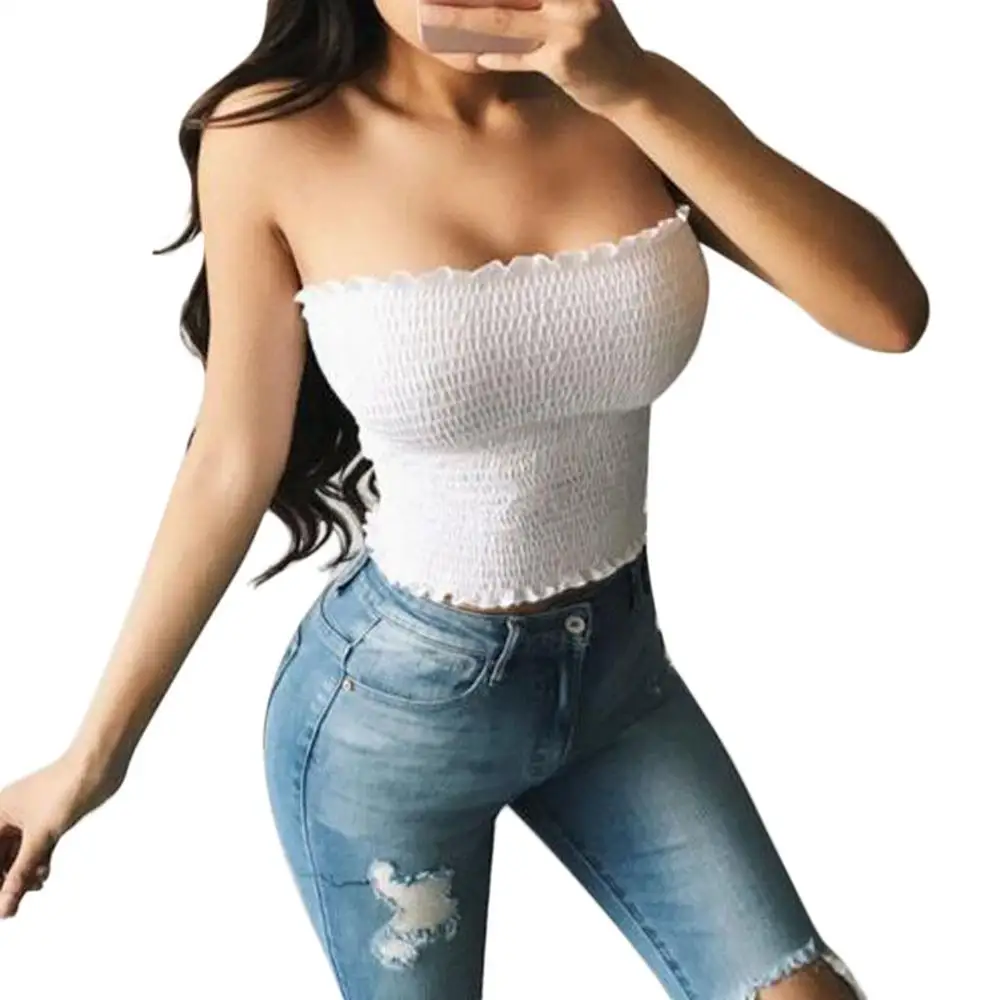 

Women Sexy Solid Slim Strapless Ruffles Tank Top Summer Skinny Shirt Tops Vest Tunics Shirt Tops Feminine Blouses Trend Tank Top