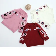 Свитера для маленьких девочек; пальто для младенцев; зимние свитера с цветочной вышивкой ручной работы; милый вязаный пуловер для малышей; повседневная одежда для маленьких девочек