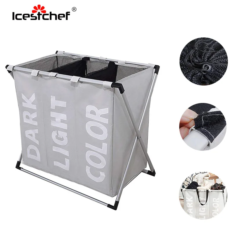 ICESTCHEF 600D أكسفورد القماش الملابس القذرة سلة الغسيل الحمام سلة الغسيل للطي تخزين مقسم حقيبة 3 تقلد