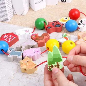 

Beaded Pope Stringing Game Wooden Math Toy for Children Wood Animal Montessori Kids Educational Toys for Boys Girls