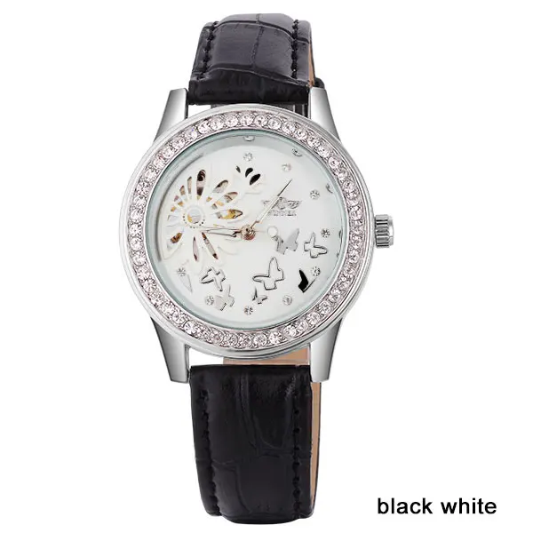 Бренд WINNER, механические Женские часы с ручным заводом, женские модные повседневные часы, стразы, аналоговые наручные часы с кожаным ремешком - Цвет: black white