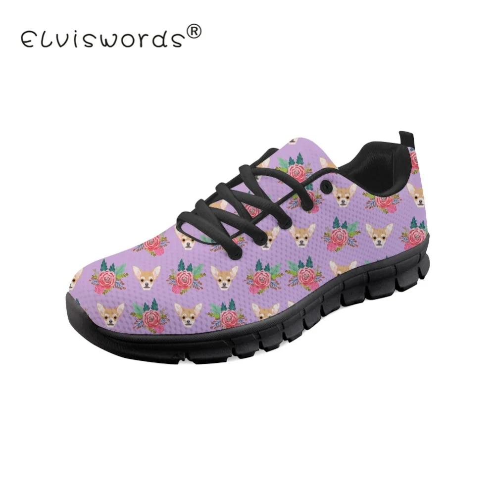 

ELVISWORDS Flat Shoes Women Chihuahua Printing Sneakers for Female Low Top Breathable Mesh Sneakers Teen Girls Kawaii Flats
