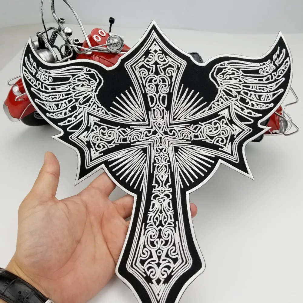 CROSS WITH WINGS Rider Motorcycle Embroidered Iron On Back of Jacket Patch Black twill fabric Free Shipping DIY Eco-Friendly(4)