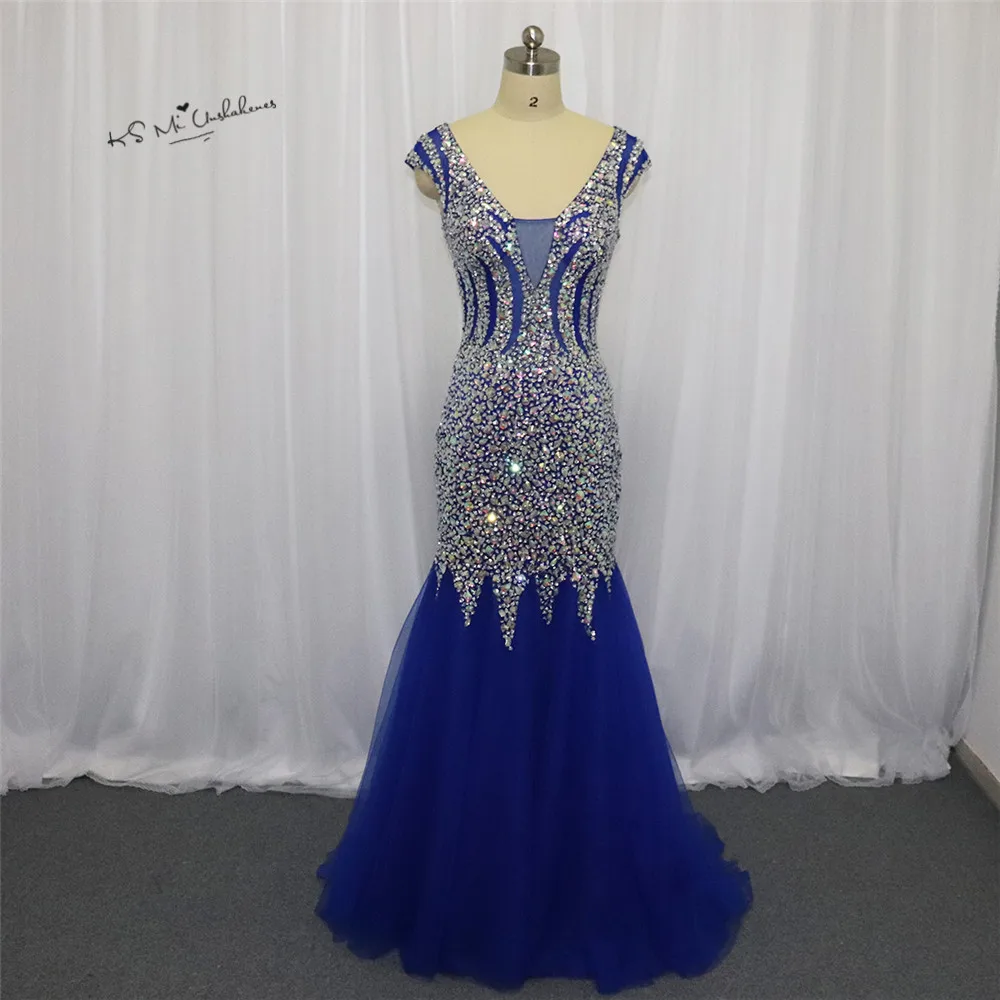 Robe de Soiree Longue сексуальные королевские синие вечерние платья с кристаллами, с рукавом-крылышком, платья для выпускного вечера, Длинные тюлевые платья Boda