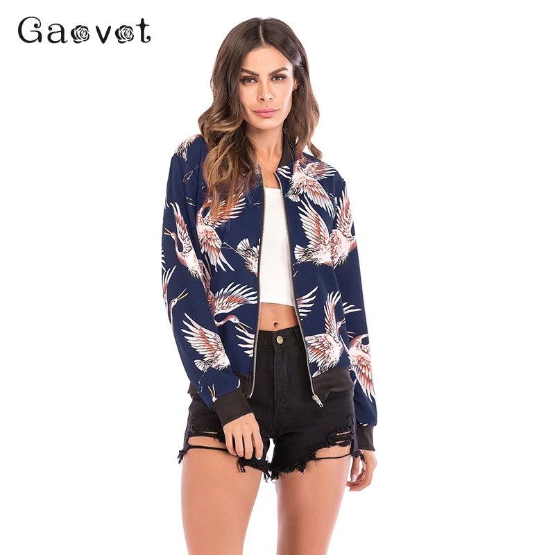 

Gaovot 2019 Women Autumn Baseball Slim Coats Retro Crane Print Zipper Up Bomber Outwear Casual Coats and Jackets QZ0021