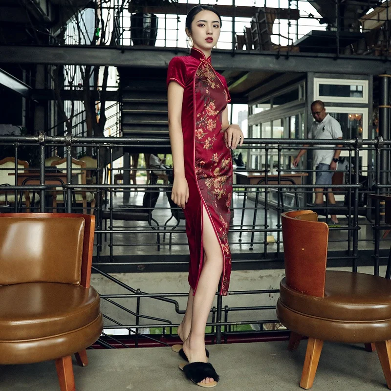 Китайское стильное платье Cheongsam Qipao бархатное лоскутное платье с разрезом миди элегантные китайские платья вино сексуальное восточное платье FF1751