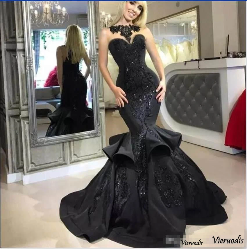 50-2             2018 Black Ruffle Mermaid Prom Dresses With Lace Appliques Sleeveless Sweetheart Sexy Evening Dress Custom Made Party Dress Formal Occasions
