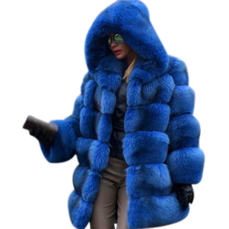 Модное роскошное Женское пальто с натуральным мехом, 80 см, длинная куртка из натурального Лисьего меха с большим меховым капюшоном, длинный рукав, зимний толстый мех