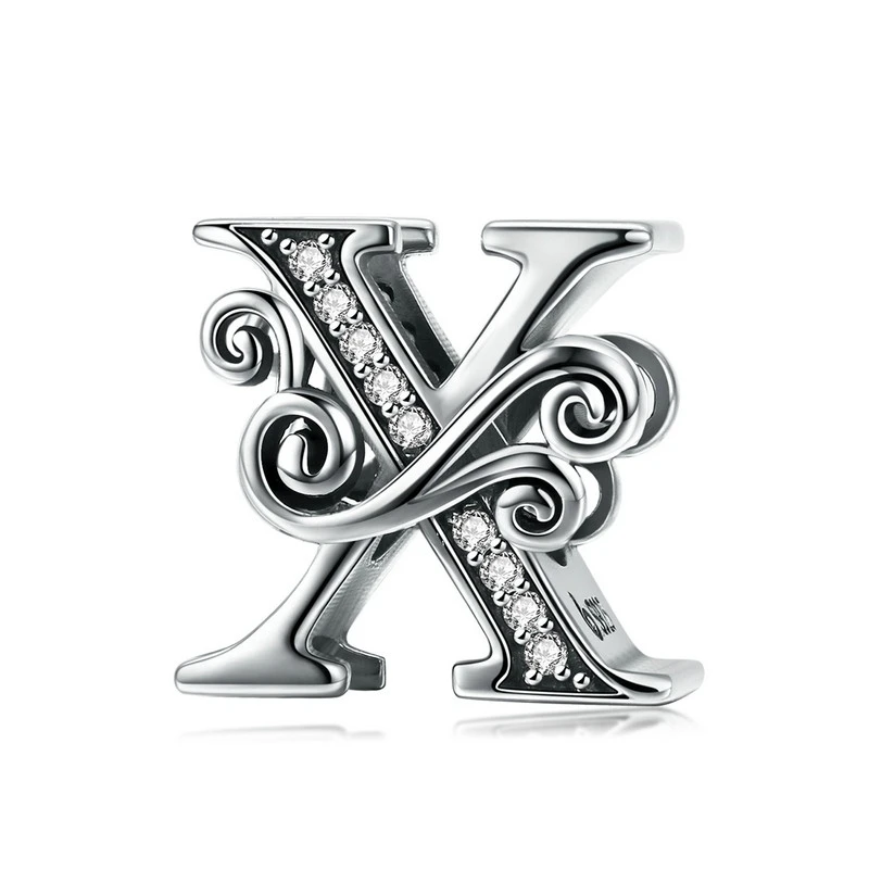 BAMOER 925 Sterling Silver Letter Vintage A to Z 26 Letter Charms Openwork CZ Alphabet Beads Fit Charm Bracelet BSC030 name necklace 925 Silver Jewelry