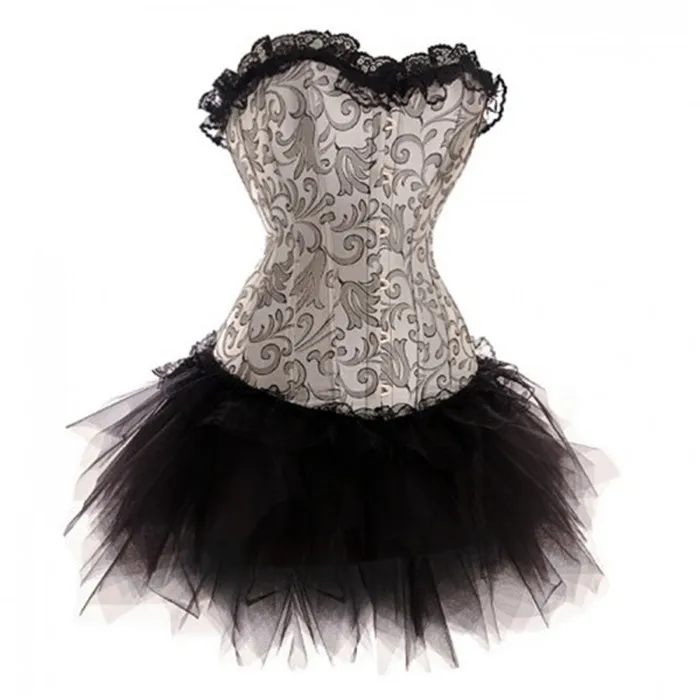 Black Satin Handmade Silver Sequined Burlesque Overbust Tutu Skirt Corset Dress