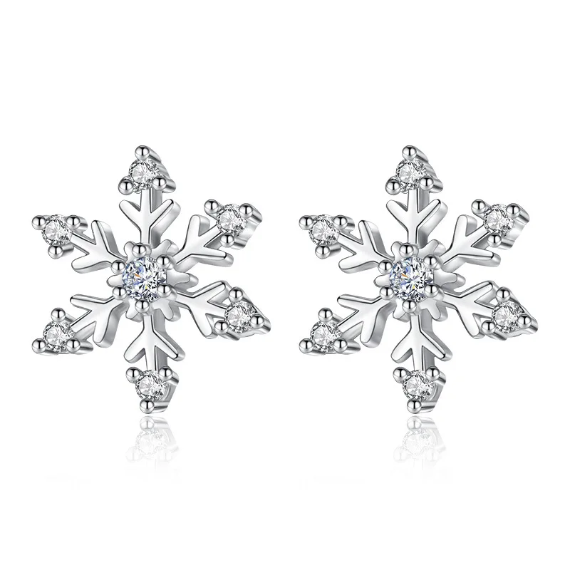 Simple 925 Sterling Silver Zircon Snowflake Stud Earrings For Women Christmas Gift S-E582