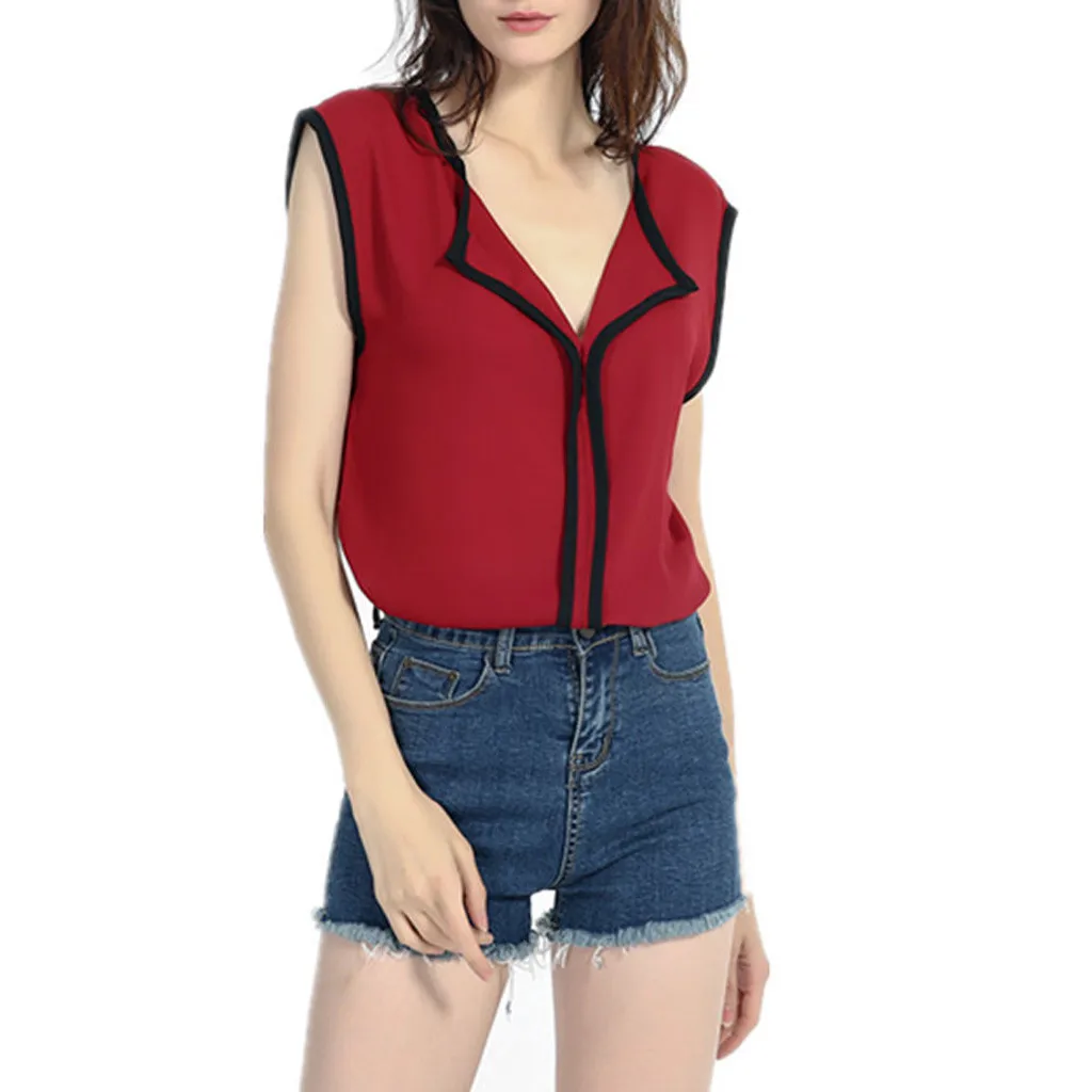 Женская футболка blusa летняя рубашка без рукавов с v-образным вырезом Повседневная однотонная свежая Милая женская шифоновая рубашка 2019