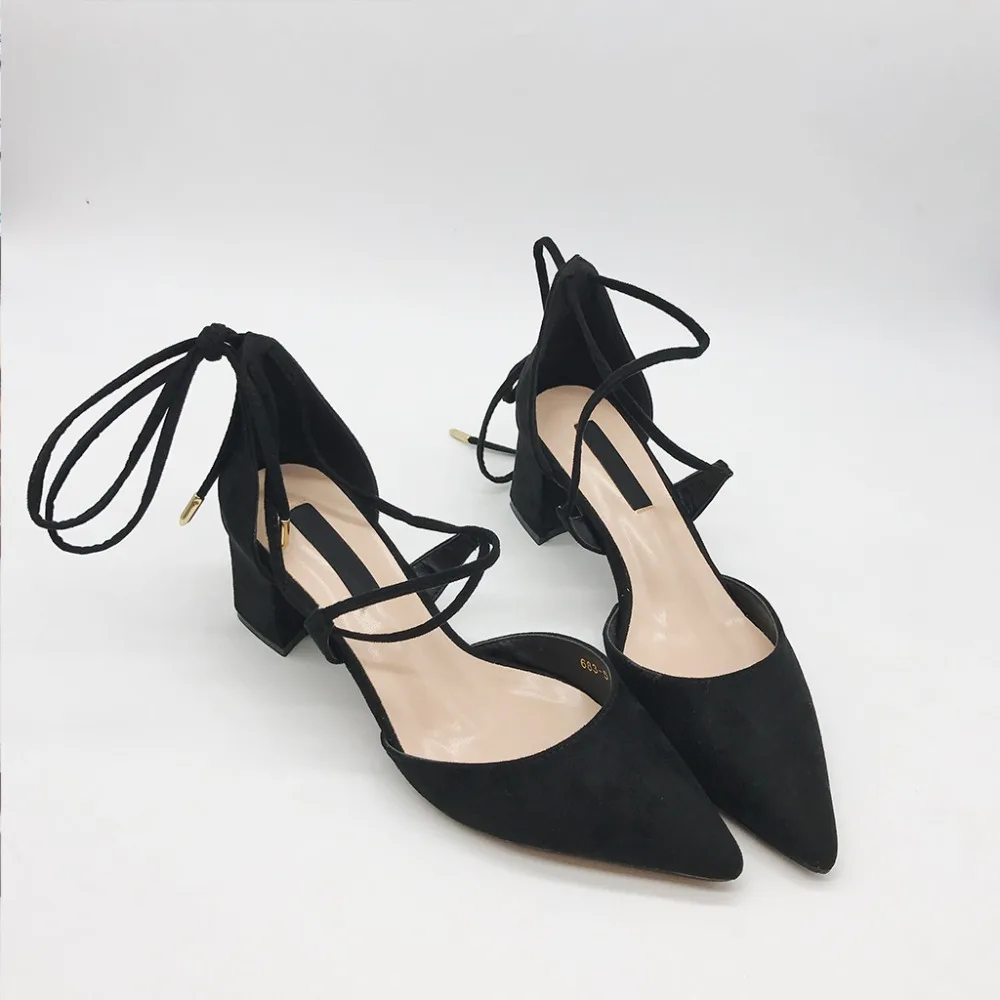 

2017 New Arrival Summer Spring Pumps Black Microfiber Pointed Toe Lace Up Low Heel Shoes