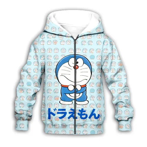 Kawaii Doraemon толстовки с капюшоном из комбинированной ткани нобита ноби 3d принт дети мультфильм Аниме Толстовка мальчик девочка дети Повседневный милый пуловер с косой молнией - Цвет: Kids  zip hoodies