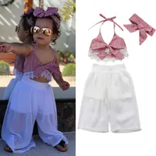 3Pcs Lace Toddlers Princess Girls Clothes Halter Striped Bow Bandeau Tank Tops Long White Mesh Pants Headband Summer Set Outfits