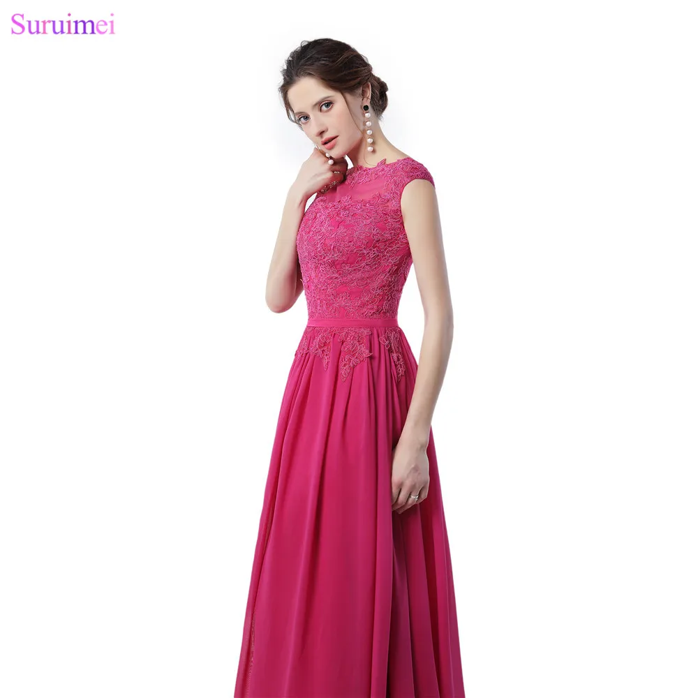 Rose Red Bridesmaid Dresses Lace Applique With Cap Sleeves High Neck