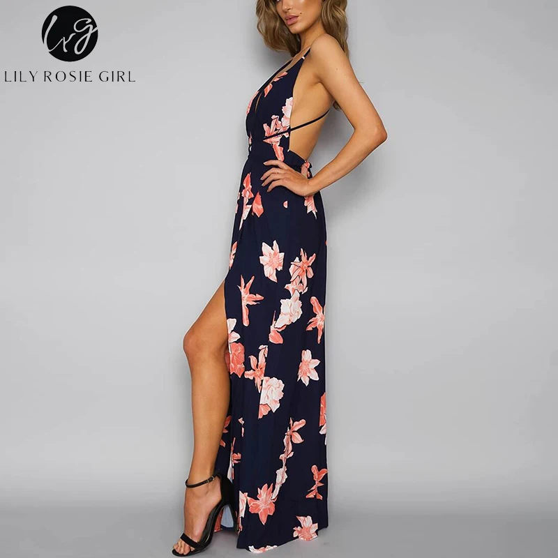 Backless floral print maxi dress