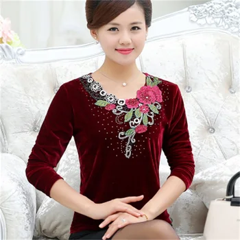 

Spring T Shirts Top New embroidery Velvet T-shirt Autumn Women's Velvet Tops Long Sleeve Solid Button Ladies Slim Tee Shirts