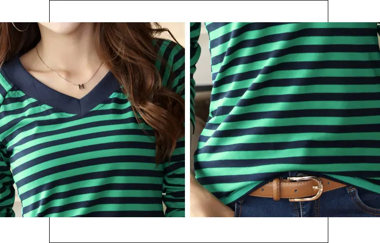 2019 Fashion Green Striped Tops Tees Women Casual Plus Size T-shirt V-neck Long Sleeve Raya Camisetas Mujer Autumn Tshirt Women (2)