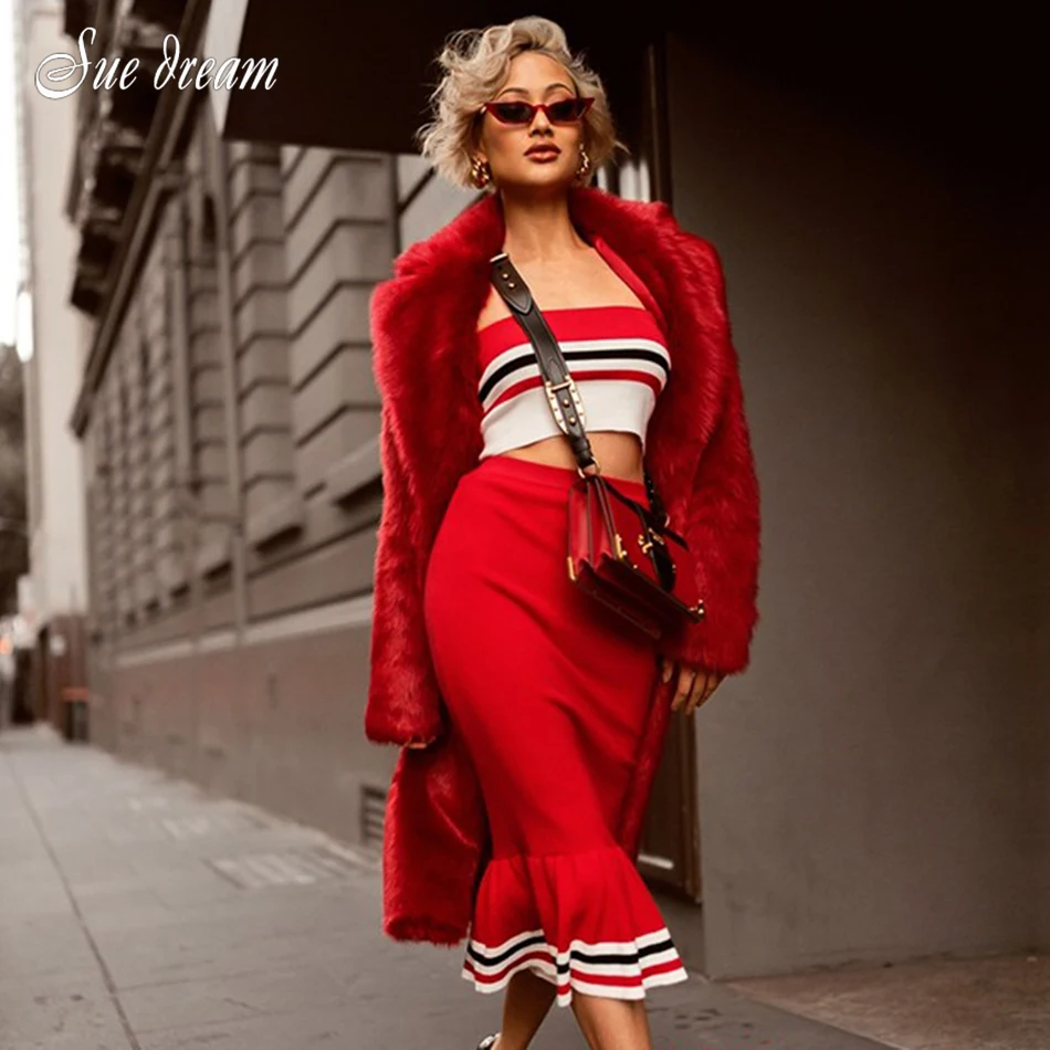 

2 piece women's dress 2018 new red sexy shoulderless striped fishtail two-piece bandage dress set