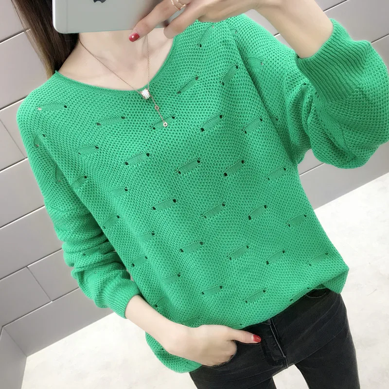 

Spring Autumn Female Jumper Casual Tops Women Pullover Sweater Solid Hollow Batwing Sleeve O-neck Knitting Sweater RE2526