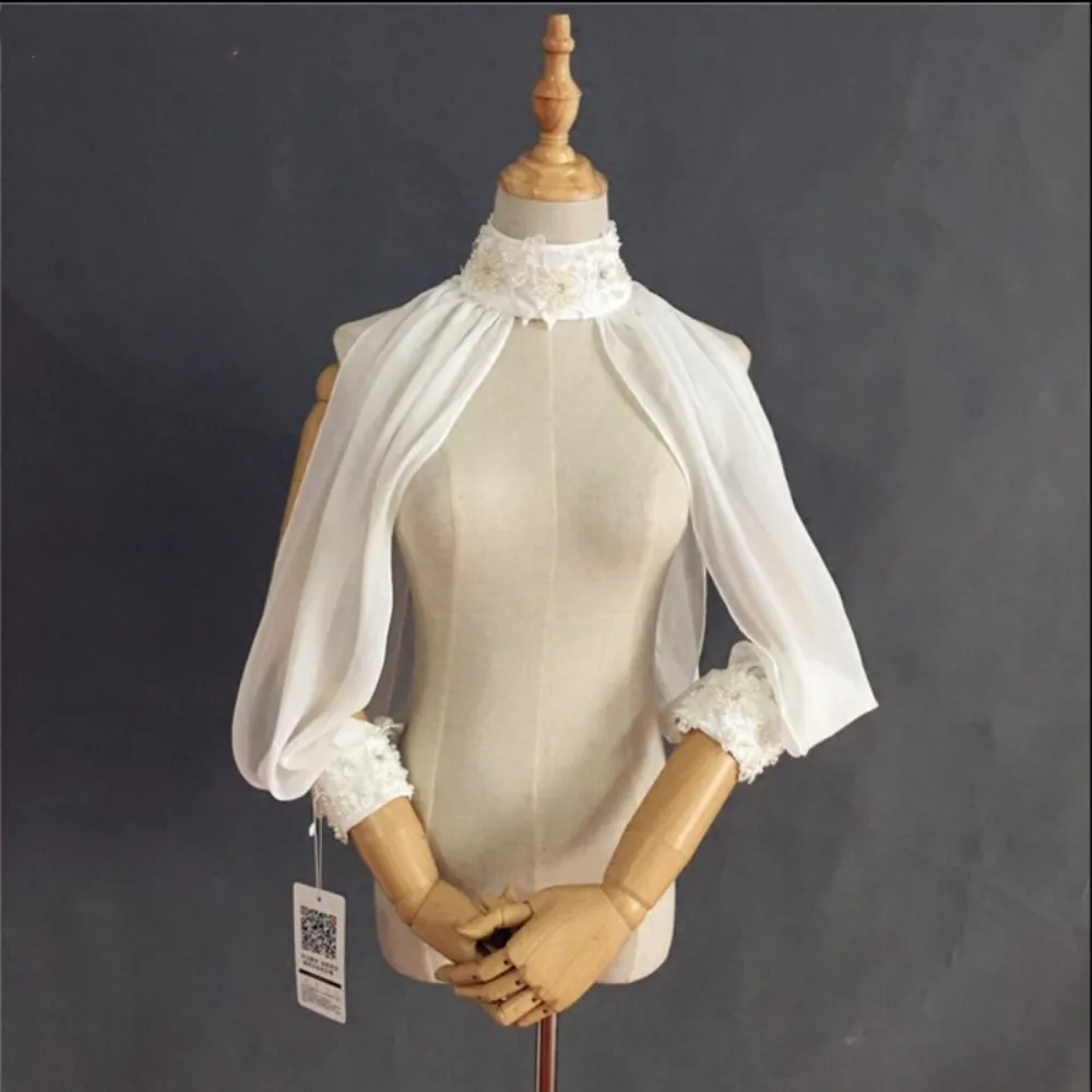 

Elegant Chiffon Wedding Jacket Bridal Cape Shawl Bolero Stole Women Long Sleeves Halter Neck Lace Pearls for Dress