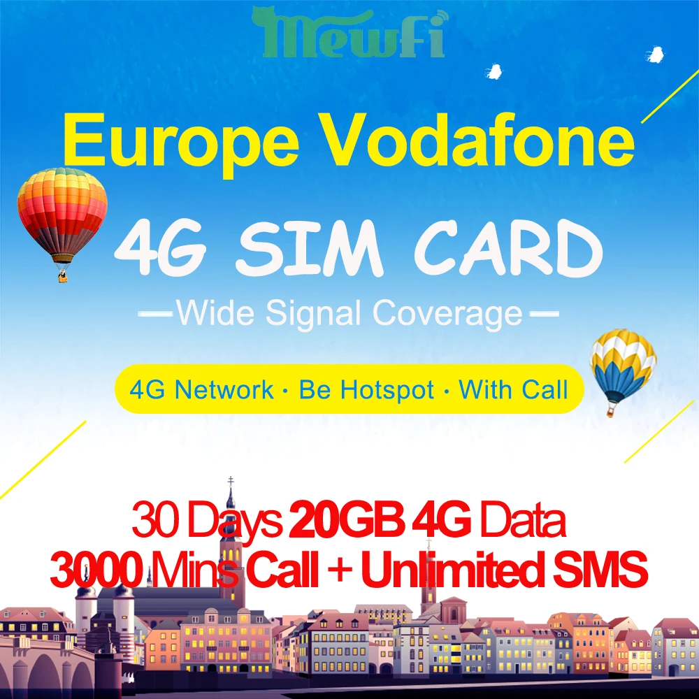 

Mewfi Europe Travel Sim Card 30 Days 20GB 4G High-Speed Data+3000 Mins Call+Unlimited SMS Vodafone Network Mobile Phone Sim Card