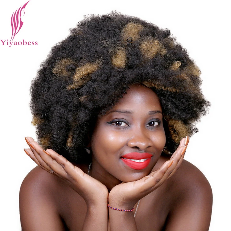 

Yiyaobess 30cm Golden Highlights On Black Hair Synthetic Short Afro Kinky Curly Wig African American Wigs For Black Women