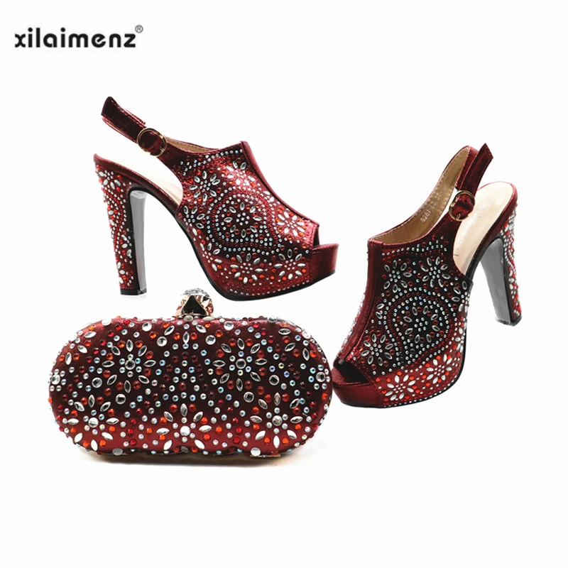 

Spring New Style in Wine African Women Shoes and Bag to Match Decorate with Rhinestone Sandals for Wedding Shoes and Bag Set