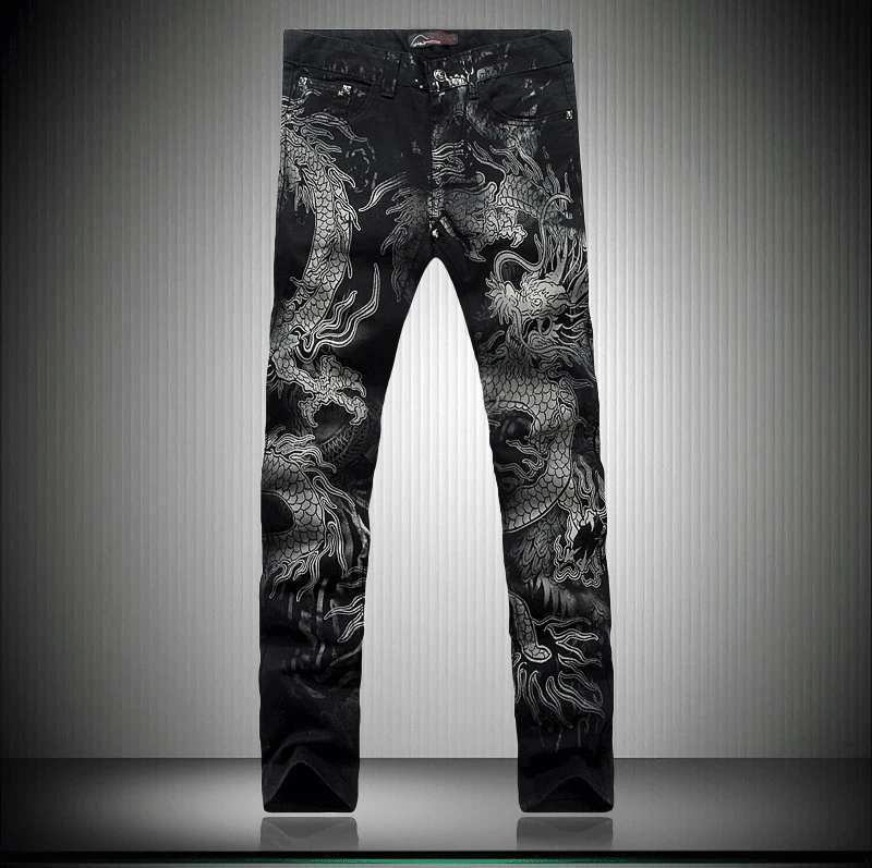 

Black Dragon Print Jeans Pants 2017 Top Male Fashion Designer Brand Painted Stretch Jeans For Men Straight Slim Slacks Jeans