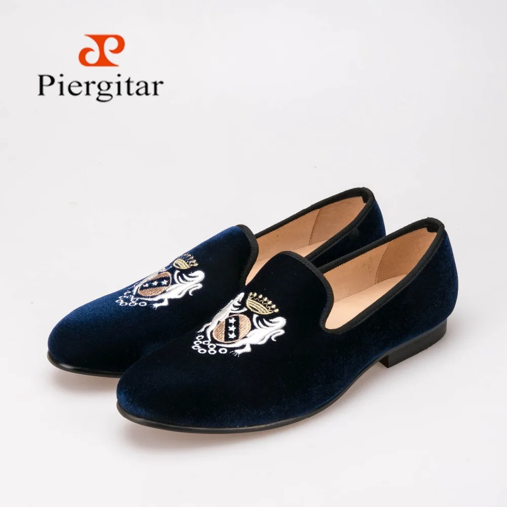 Men's shoes velvet loafers Smoking Slippers hand embroidered blue skull ...