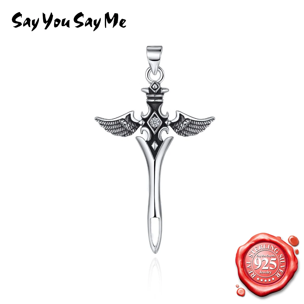 

SAY YOU SAY ME 925 Sterling Silver Fine Jewelry Black Cross Pendants Necklaces for Women Antique Wing Silver Dropshipping