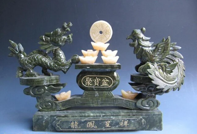 

USPS to USA S0483 11 Chinese Green Jade Fengshui Dragon Carved phenix Play Coin Money Art Statue B0401