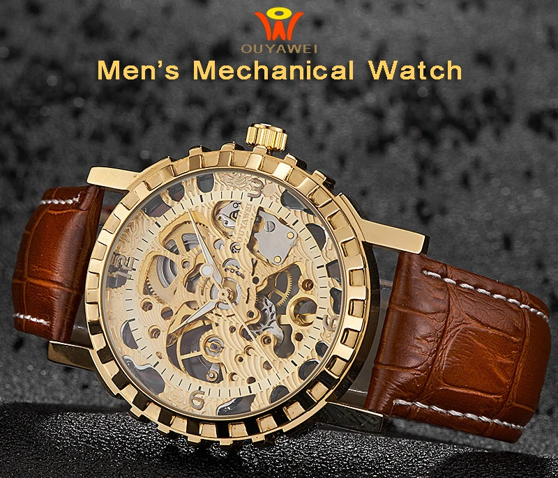 leather mechanical skeleton watch men