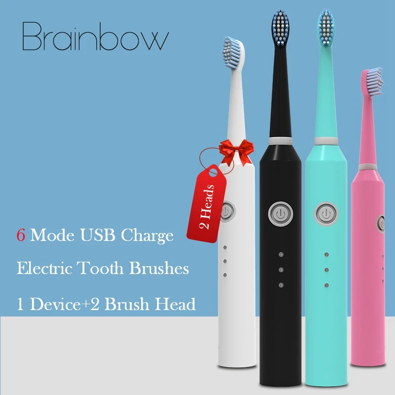 

Brainbow 1PC USB Charge Electric Tooth Brushes With 2PC Replacement Toothbrush Head 6 Vibration Mode Whitening Teeth Brush