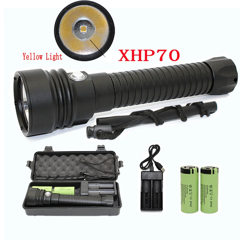 

4000LM XHP70 LED Diving Flashlight Scuba Dive Flashlight Waterproof Tactical Torch Yellow Light +26650 battery +Charger