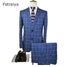 Custom Made Men Slim Fit suit customize mens clothing tailored Smart Casual mens blue plaid Suits with pants for wedding 3 piece