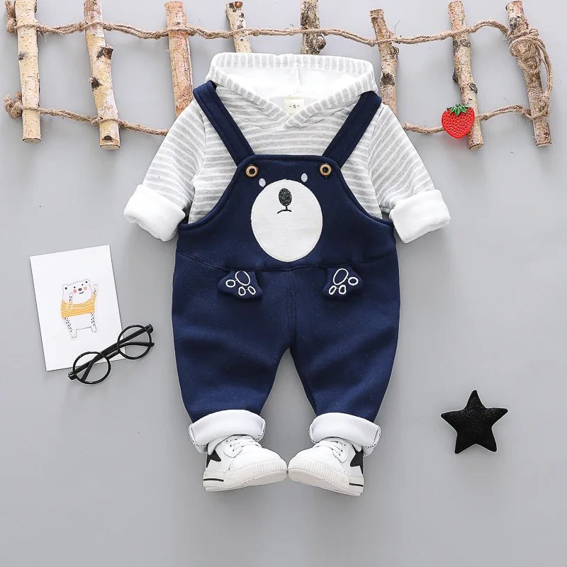 

HYLKIDHUOSE 2018 Autumn Baby Girl Boy Clothing Sets Infant Clothes Suits Hooded Plush Stripe T Shirt Pants Kids Children Costume